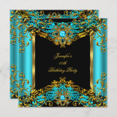 Elite Aquamarin Blue Gem Gold Black Birthday Party Einladung (Vorne/Hinten)