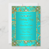 Elite Aquamarin Blue Gold Damask Pearl Birthday Pa Einladung (Vorderseite)
