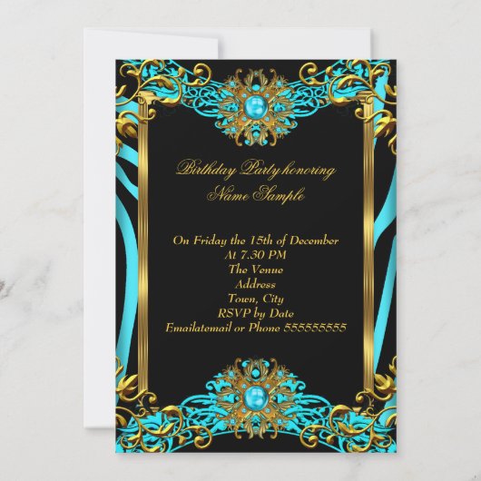 Elite Aquamarin Blue Zebra Gold Black Birthday Par Einladung (Rückseite)