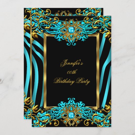 Elite Aquamarin Blue Zebra Gold Black Birthday Par Einladung (Vorne/Hinten)