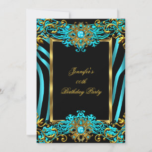 Elite Aquamarin Blue Zebra Gold Black Birthday Par Einladung