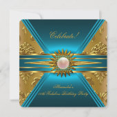 Elite Damask Aquamarin Blue Gold Floral Party 2 Einladung (Vorderseite)