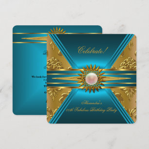 Elite Damast Türkis Blau Gold Blumen Party 2 Einladung