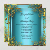 Elite Elegant Birthday Aquamarin Gold Black Damask Einladung (Vorne/Hinten)