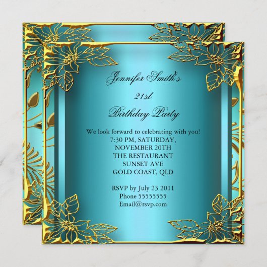 Elite Elegant Birthday Aquamarin Gold Black Damask Einladung (Vorne/Hinten)