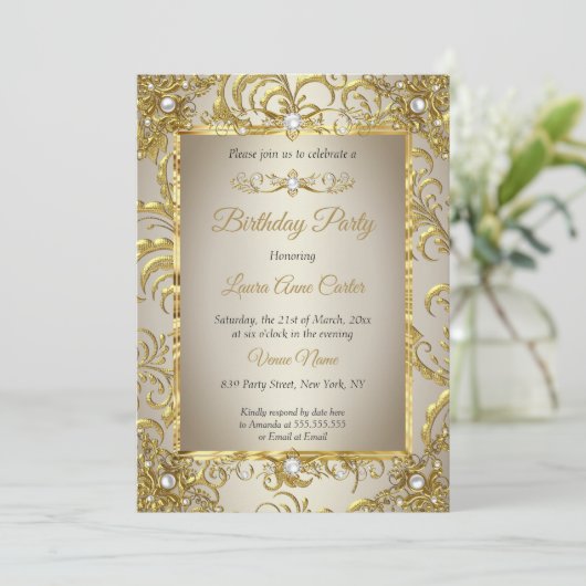 Elite Gold Damask Cream Pearl Birthday Party Einladung (Stehend Vorderseite)