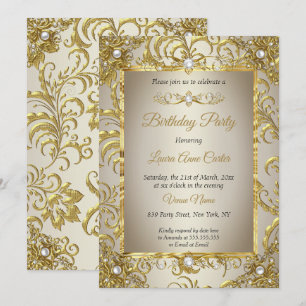 Elite Gold Damast Creme Perlen Geburtstagsfeier Einladung