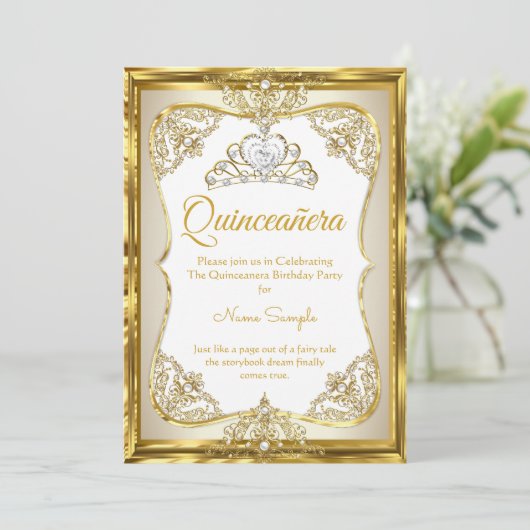 Elite Gold Weißbeige Creme Princess Quinceanera Einladung (Stehend Vorderseite)