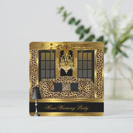 Elite Housewarming Party Chandelier Leopard Gold Einladung (Stehend Vorderseite)