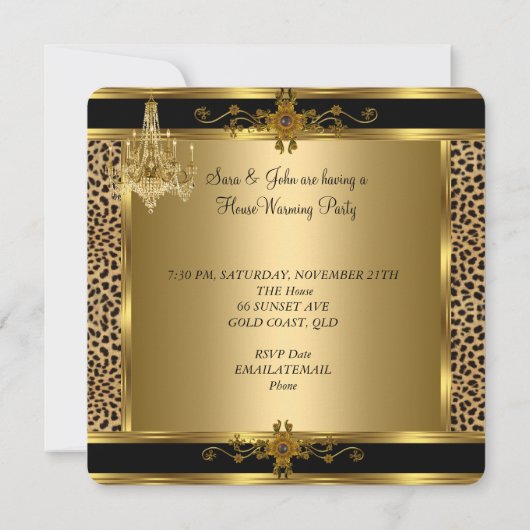Elite Housewarming Party Chandelier Leopard Gold Einladung (Rückseite)