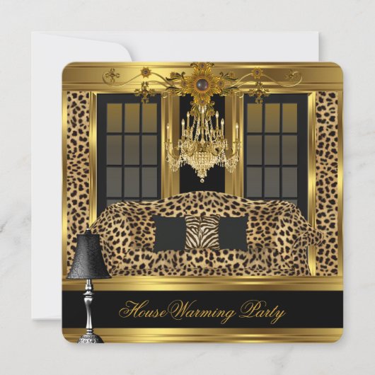 Elite Housewarming Party Chandelier Leopard Gold Einladung (Vorderseite)