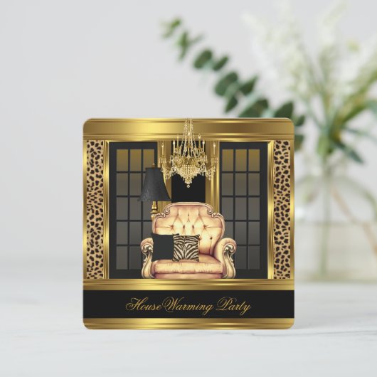 Elite Housewärming Party Kronier Gold Stuhl Einladung (Stehend Vorderseite)
