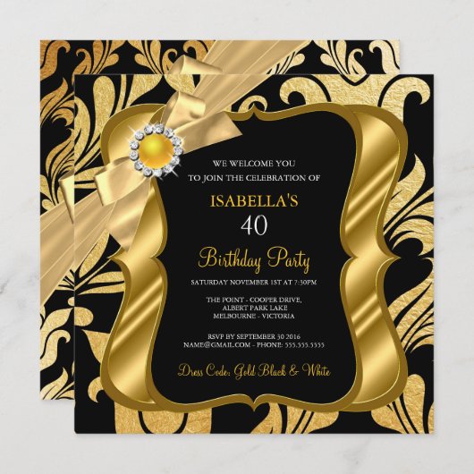 Elite Pearl Gold Bow Black Damask Birthday Einladu Einladung (Vorne/Hinten)