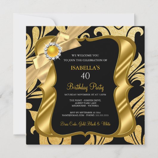 Elite Pearl Gold Bow Black Damask Birthday Einladu Einladung (Vorderseite)