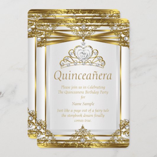 Elite Princess Quinceanera Gold White Pearl Frame Einladung (Vorne/Hinten)