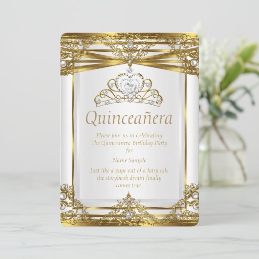 Elite Princess Quinceanera Gold White Pearl Frame Einladung (Stehend Vorderseite)