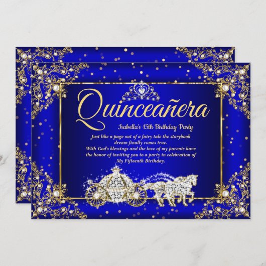 Elite Princess Quinceanera Royal Blue Gold Sparkon Einladung (Vorne/Hinten)
