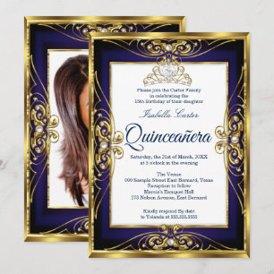 Elite Quinceañera 15. Gold Navy Blau Tiara Foto Einladung