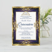 Elite Quinceanera 15. Gold Navy Blue Tiara Foto Einladung (Stehend Vorderseite)