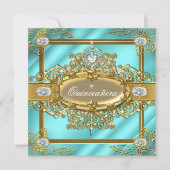 Elite Quinceanera Aquamarin blauer Goldene Damasku Einladung (Vorderseite)