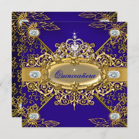 Elite Quinceanera Royal Blue Gold Damask 15. Einladung (Vorne/Hinten)