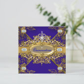 Elite Quinceanera Royal Blue Gold Damask 15. Einladung (Stehend Vorderseite)