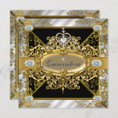 Elite Quinceanera Silver Gold Black Damask 15. Einladung (Vorne/Hinten)