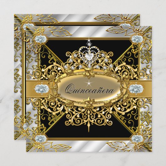 Elite Quinceanera Silver Gold Black Damask 15. Einladung (Vorne/Hinten)