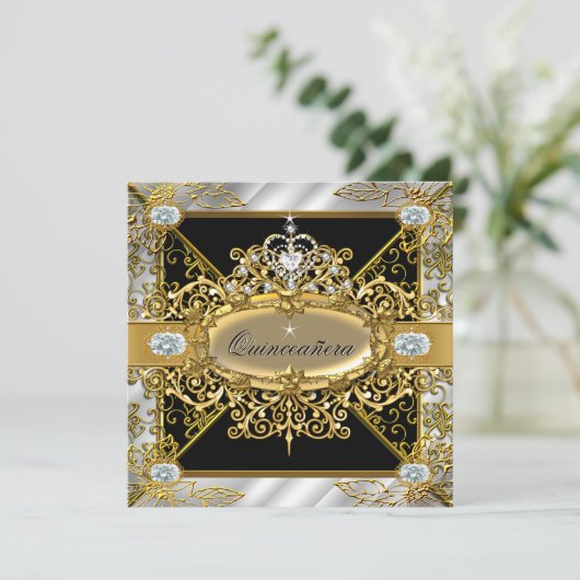 Elite Quinceanera Silver Gold Black Damask 15. Einladung (Stehend Vorderseite)