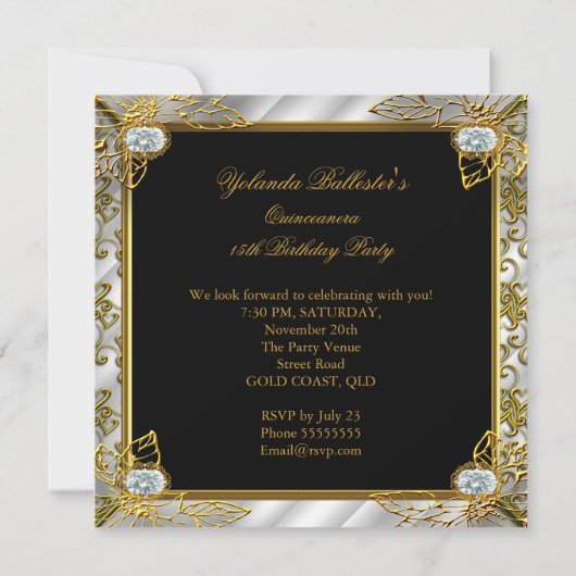 Elite Quinceanera Silver Gold Black Damask 15. Einladung (Rückseite)