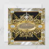 Elite Quinceanera Silver Gold Black Damask 15. Einladung (Vorderseite)