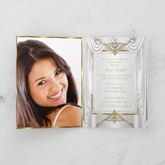Elite Quinceanera White Silk Gold Pearl Tiara Einladung (Innenseite)