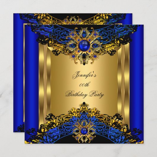 Elite Royal Blue Gem Gold Black Birthday Party 2 Einladung (Vorne/Hinten)