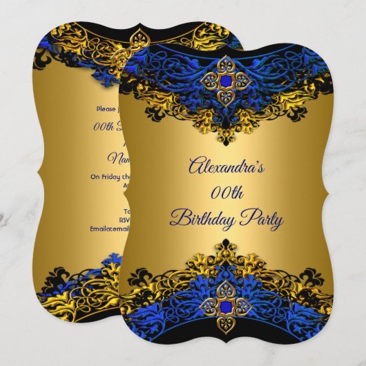 Elite Royal Blue Gem Gold Black Birthday Party Einladung (Vorne/Hinten)