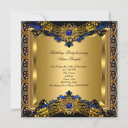 Elite Royal Blue Gem Gold Black Birthday Party Einladung (Rückseite)
