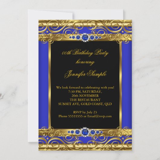 Elite Royal Blue Gold Damask Pearl Birthday Party Einladung (Vorderseite)