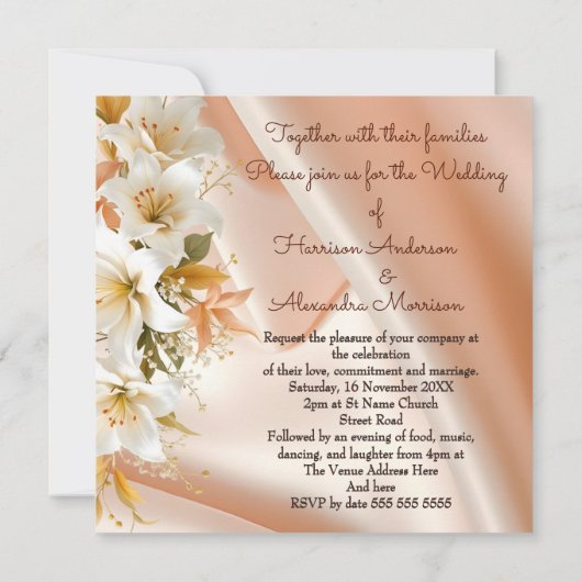 Elite Wedding floral Lilies White Peach Silk Einladung (Rückseite)