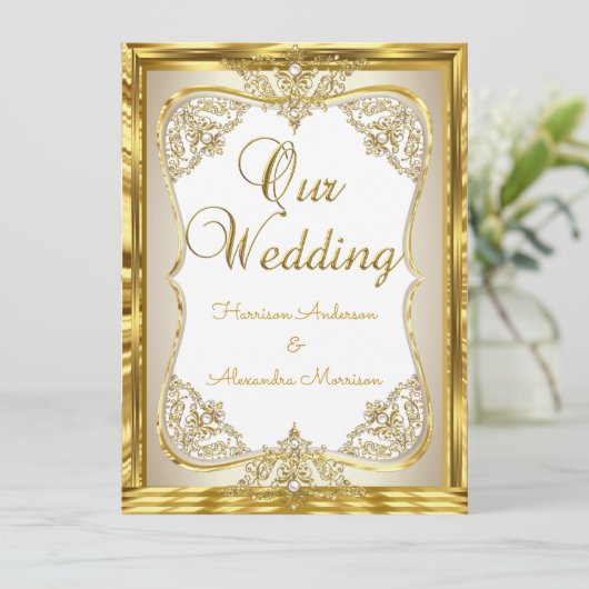 Elite Wedding Gold Weißes Creme Pearl Einladung (Stehend Vorderseite)