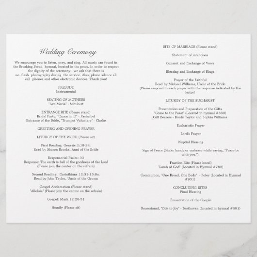 Elizabeth Catholic Mass Wedding Zeremony Program (Rückseite)