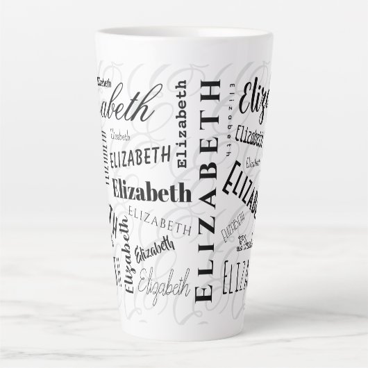Elizabeth Typografy Name Schwarz-weiß Milchtasse (Vorderseite)