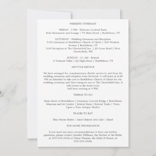 Elizabeth Wedding Welcome Letter & Itinerary (Rückseite)