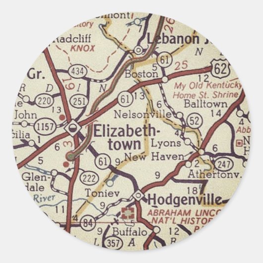 Elizabethtown Kentucky Vintage Karte Runder Aufkleber (Vorderseite)