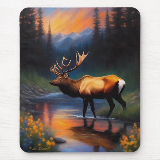 Elk at Mountain Stream Schöne Malerei Mousepad (Vorne)