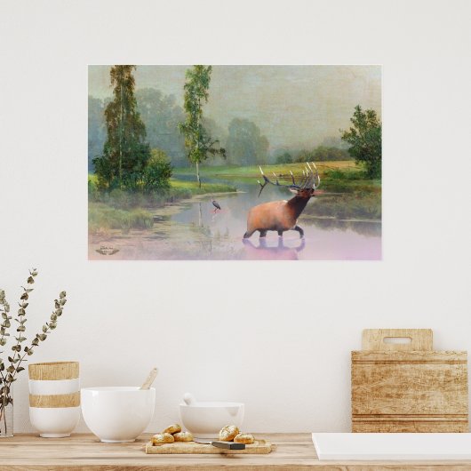 Elk Crossing Misty River Print Poster (Küche)