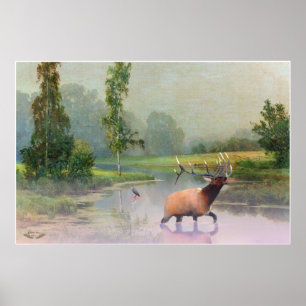 Elk Crossing Misty River Print Poster