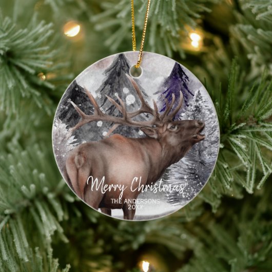 Elk Deer Watercolor in Forest Christmas Ornament (Baum)