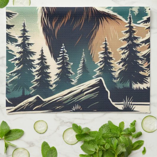 Elk im stilisierten Wald mit Starry Night Sky Geschirrtuch (Gefaltet)