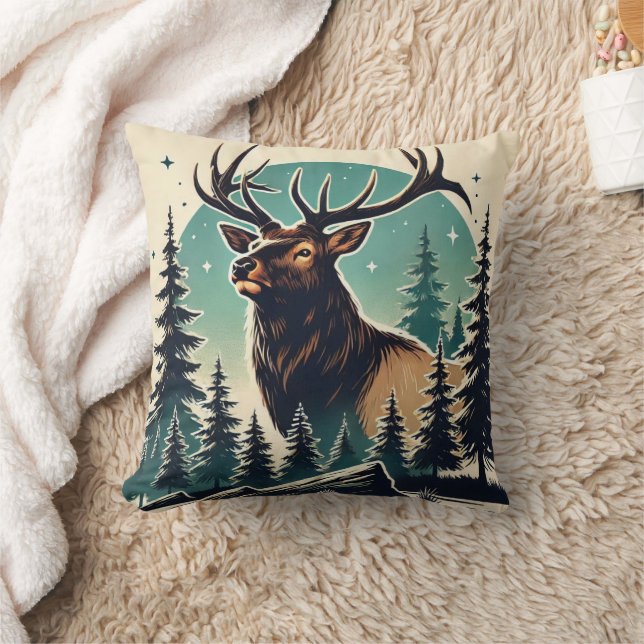 Elk im stilisierten Wald mit Starry Night Sky Kissen (Decke)