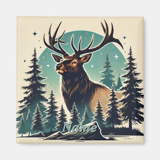 Elk im stilisierten Wald mit Starry Night Sky Magnet (Vorne)