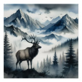 Elk Misty Mountains Wasserfarbe Decoupage Poster (Vorderseite)